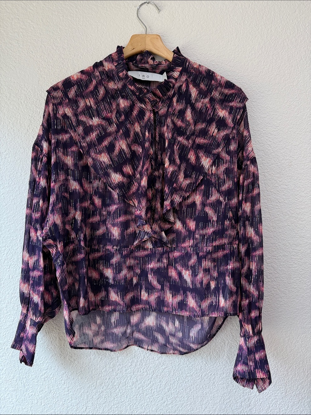 IRO Tchami Ruffled Neck Lightweight Semi Sheer Abstract Metallic Blouse Sz 34